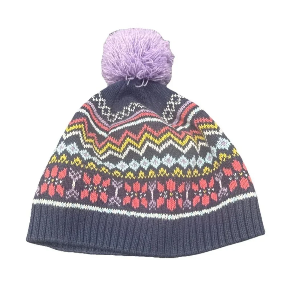 Hanna‎ Andersson Colorful Patterned Beanie Pom Pom Winter Hat Sz L Skiing Snow